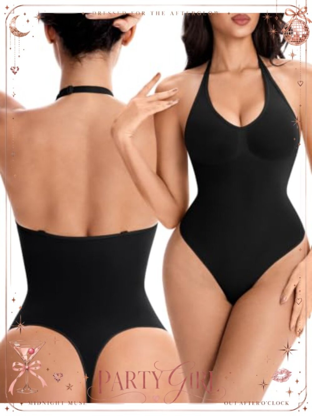 Shapewear Bodysuit Halter Adjustable Straps Tummy Control Thong